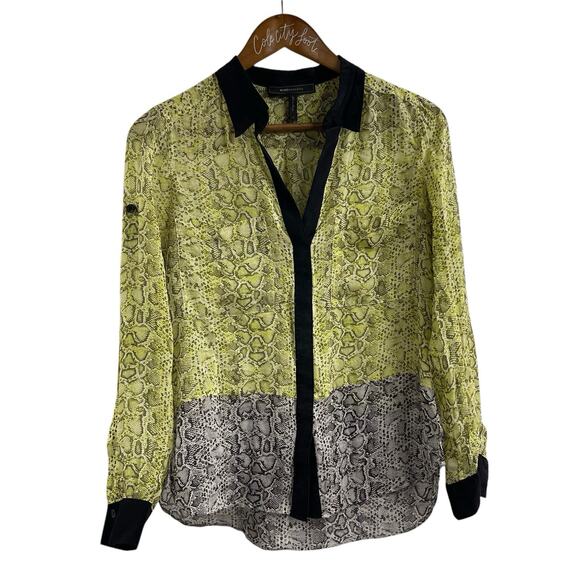 BCBG Maxazria Silk Blouse Top Print Green Black Semi Sheer Small - Picture 1 of 9
